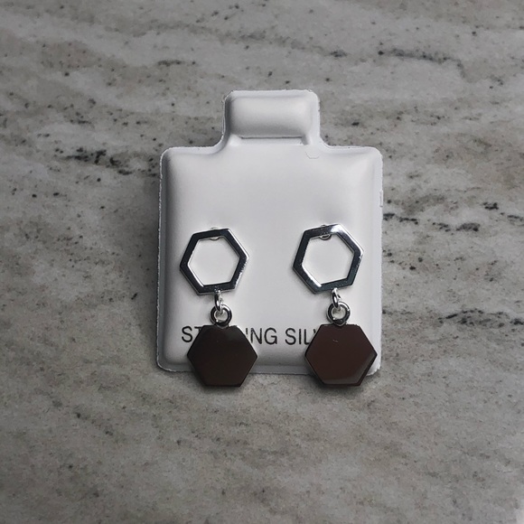 925 Sterling Silver Geometric Hexagon Earrings - Picture 2 of 8